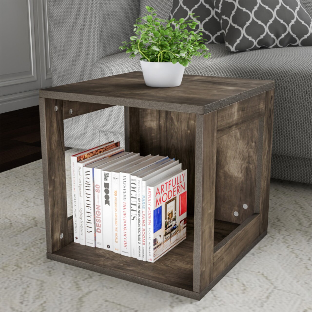 Modular Cube Accent Table Stackable Mdf Wood Open Sides Contemporary Design 15.75"